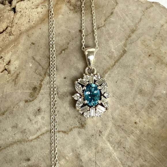 Sterling Silver 925 Blue Topaz CZ Halo Pendant Necklace 18" Cable Chain - Picture 4 of 16